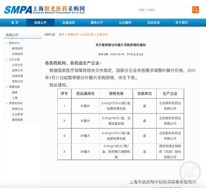 3月21日起：北京斯利安等两药企叶酸片采购资格暂停，价格矛盾待解，叶酸片采购风波：北京斯利安与原研药港遇“价格劫”