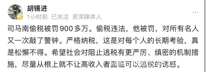 司马南偷税事件，胡锡进倡导舆论宽容与纳税严管，胡锡进评司马南偷税：社会当严治逃税之风