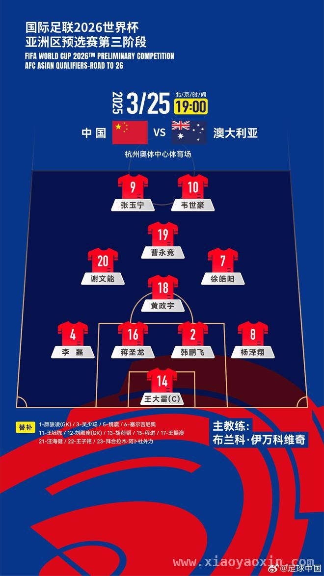 3月25日世预赛：中国男足对阵澳大利亚，首发名单曝光