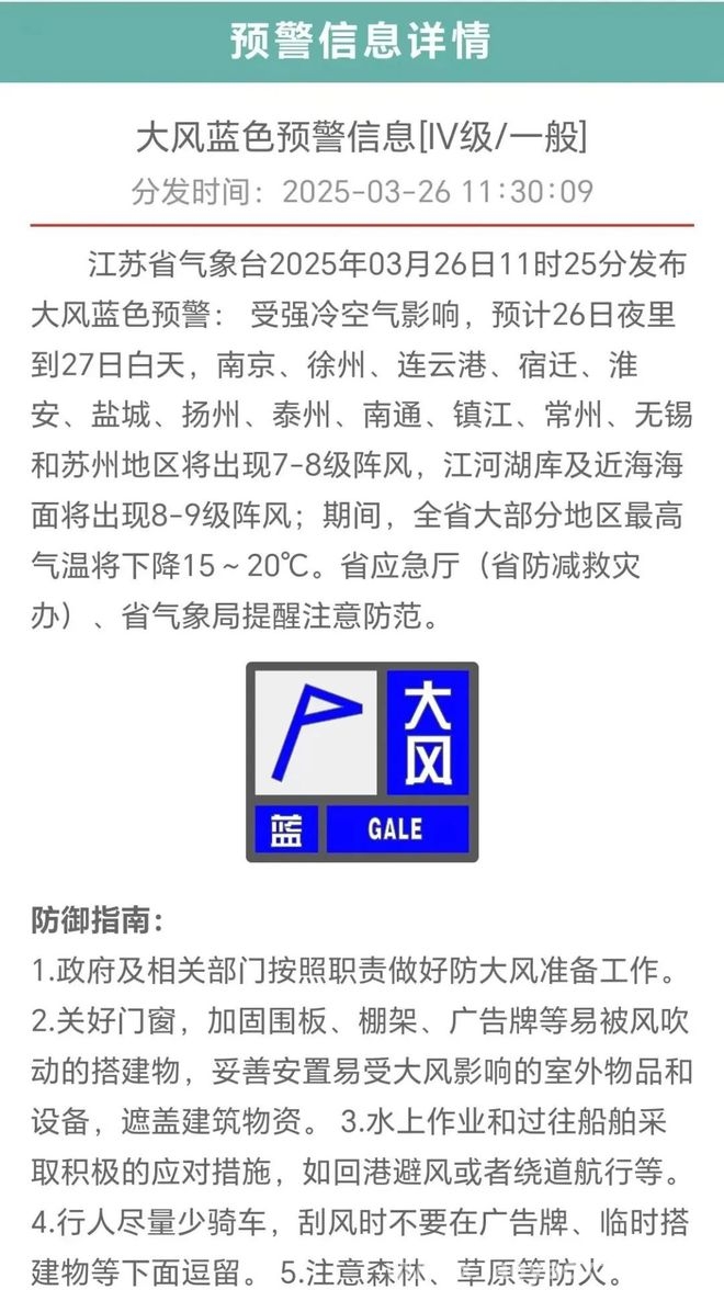 江苏将迎大风降温，多地需警惕！ 江苏发布大风寒潮双预警，民众要做好防范！